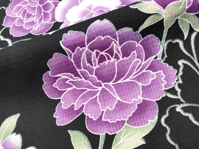 平和屋着物∴夏物 浴衣・小紋兼用 牡丹花文 黒地 銀彩 CABG4114gh