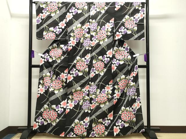 平和屋着物∴夏物 浴衣 斜線花文 黒地 綿 逸品 CABG4117gh