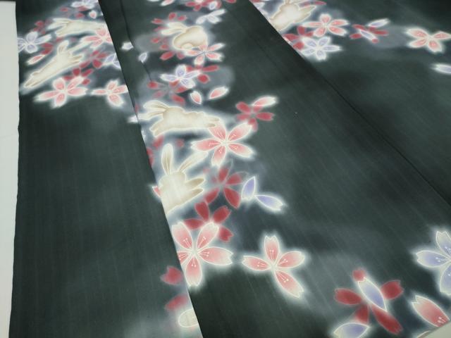 平和屋着物∴夏物 浴衣 跳兎 舞桜文 暈し染め 黒地 綿 逸品 CABG4133gh