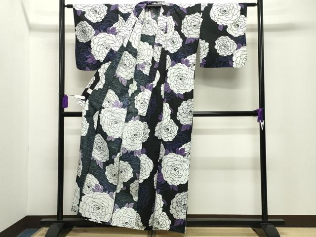 平和屋着物∴夏物 浴衣 牡丹花文 黒地 綿 逸品 CABG4134gh