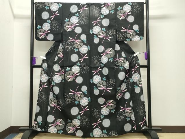 平和屋着物∴夏物 浴衣 トンボ 朝顔 黒地 綿 逸品 CABG4144gh