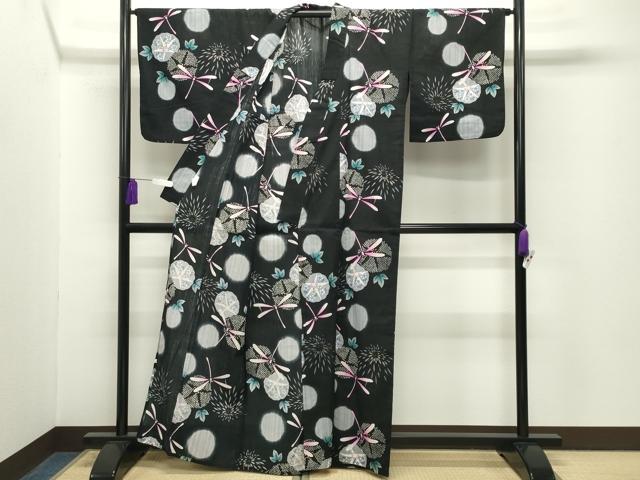 平和屋着物∴夏物 浴衣 トンボ 朝顔 黒地 綿 逸品 CABG4144gh