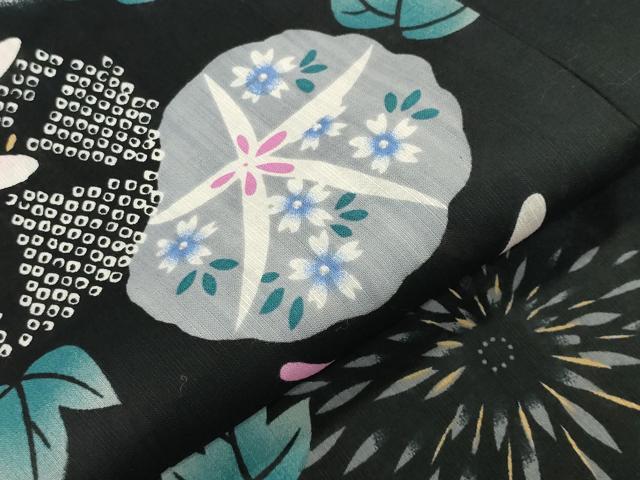 平和屋着物∴夏物 浴衣 トンボ 朝顔 黒地 綿 逸品 CABG4144gh