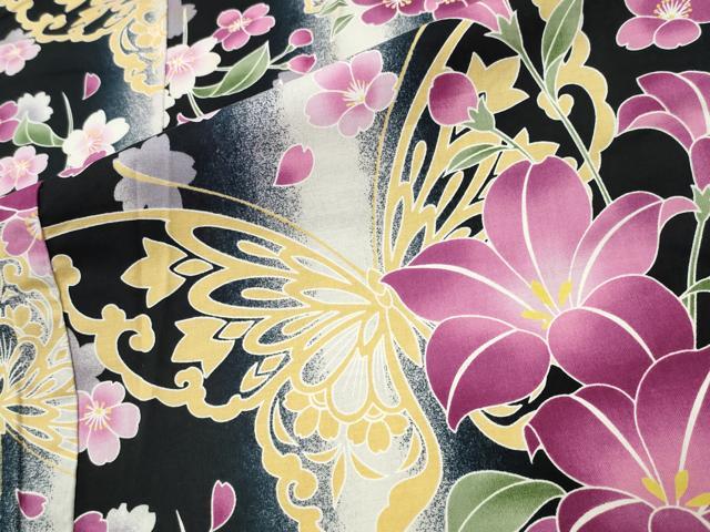 平和屋着物∴夏物 浴衣 舞蝶桜間道 黒地 綿 逸品 CABG4145gh