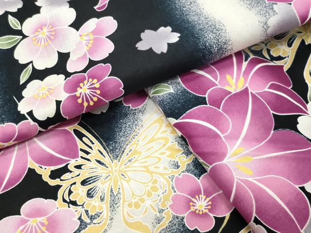 平和屋着物∴夏物 浴衣 舞蝶桜間道 黒地 綿 逸品 CABG4145gh