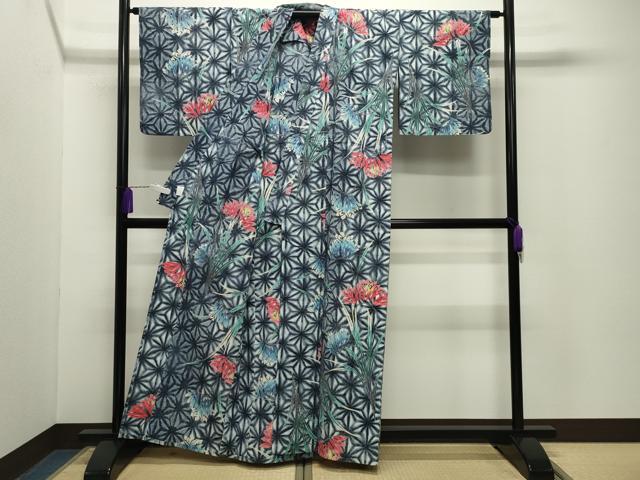平和屋着物∴夏物 浴衣 麻の葉草花文 綿 逸品 CABG4161gh