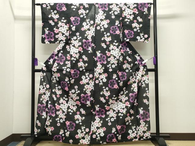 平和屋着物∴夏物 浴衣 舞桜文 黒地 綿 逸品 CABG4184gh