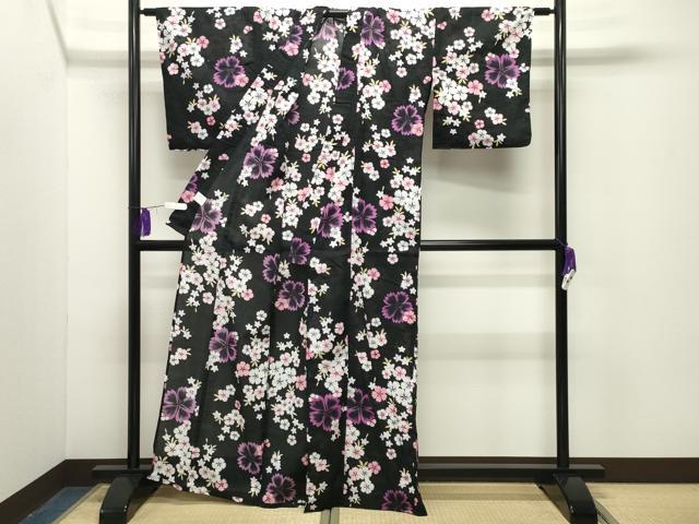 平和屋着物∴夏物 浴衣 舞桜文 黒地 綿 逸品 CABG4184gh