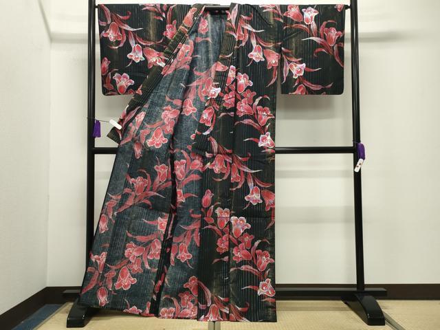 平和屋着物∴夏物 浴衣 草花文 黒地 金銀彩 綿 逸品 CABG4186gh