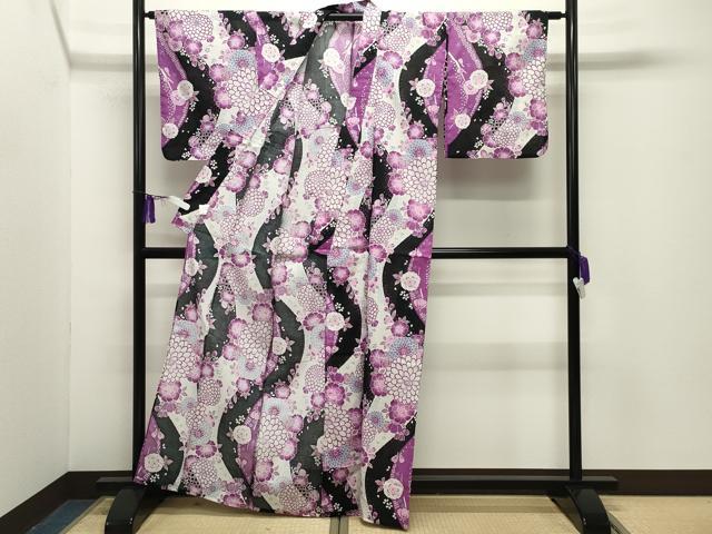 平和屋着物∴夏物 浴衣 舞花文 黒地 綿 逸品 CABG4188gh