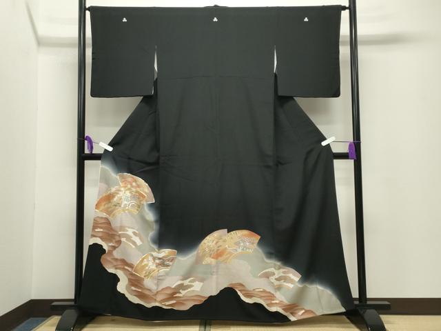 平和屋着物■豪華黒留袖 駒刺繍 地紙重ね御所車花文 暈し染め 金彩 正絹 逸品 CABG4257gh