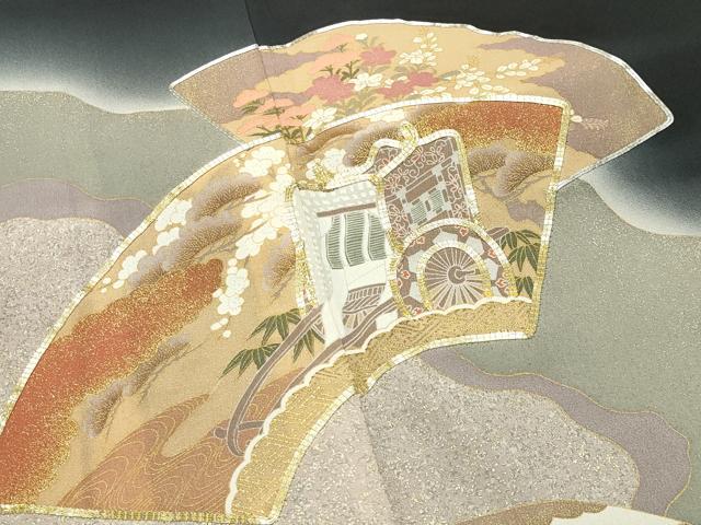 平和屋着物■豪華黒留袖 駒刺繍 地紙重ね御所車花文 暈し染め 金彩 正絹 逸品 CABG4257gh