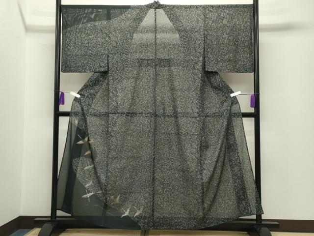 平和屋着物*夏物 訪問着 絽 群鶴文 たたき染め 黒地 銀彩 洗える着物 CABG4271gh