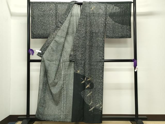 平和屋着物*夏物 訪問着 絽 群鶴文 たたき染め 黒地 銀彩 洗える着物 CABG4271gh