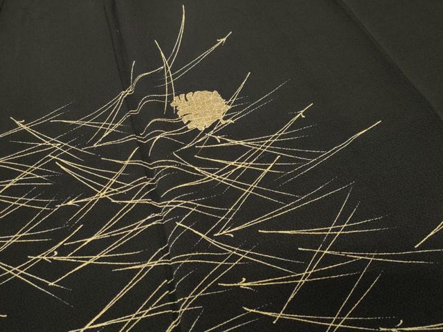 平和屋着物●訪問着 竹屋町刺繍 こぼれ松葉 松ぼっくり 黒地 金彩 鬼しぼ縮緬 正絹 逸品 未使用 CABG4379gh