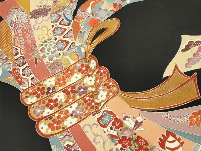 平和屋着物●創業460年・千總 黒留袖 駒刺繍 束ね熨斗飛鶴花文 金彩 正絹 逸品 CABG4386gh