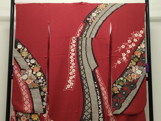 平和屋着物●豪華振袖 駒刺繍 絞り 御所車花文 金銀彩 京都きもの友禅扱い 正絹 逸品 CABG4387gh