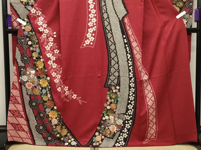 平和屋着物●豪華振袖 駒刺繍 絞り 御所車花文 金銀彩 京都きもの友禅扱い 正絹 逸品 CABG4387gh