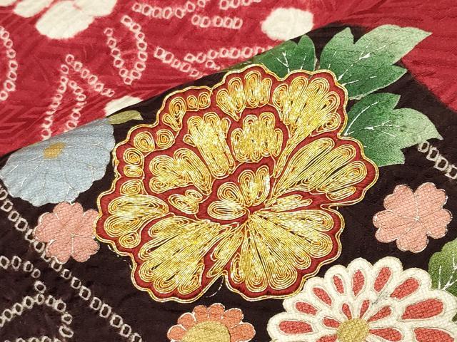 平和屋着物●豪華振袖 駒刺繍 絞り 御所車花文 金銀彩 京都きもの友禅扱い 正絹 逸品 CABG4387gh