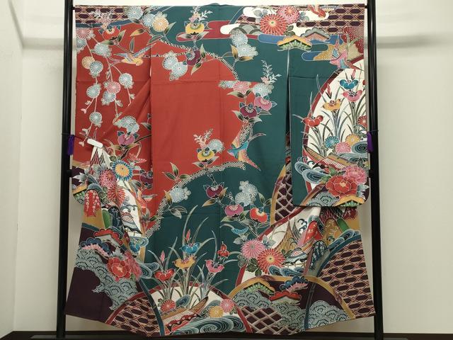平和屋着物●豪華振袖 紅型 尾長鳥風景花文 正絹 逸品 CABG4392gh