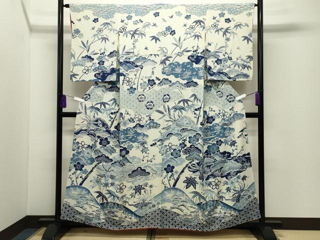 平和屋着物●訪問着 藍 型染め 鳳凰松竹梅文 鬼しぼ縮緬 正絹 逸品 CABG4399gh