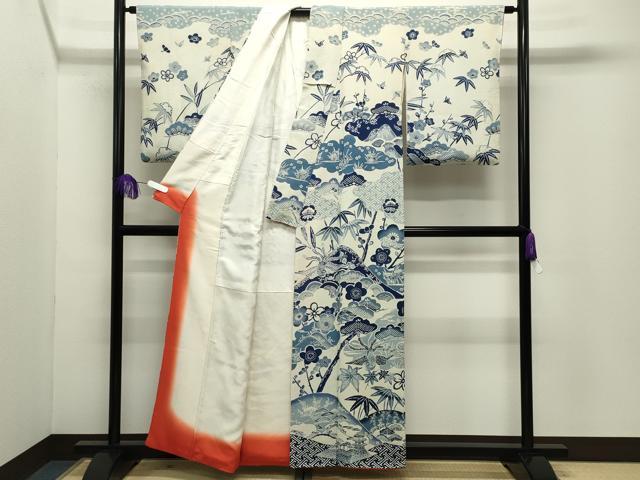 平和屋着物●訪問着 藍 型染め 鳳凰松竹梅文 鬼しぼ縮緬 正絹 逸品 CABG4399gh