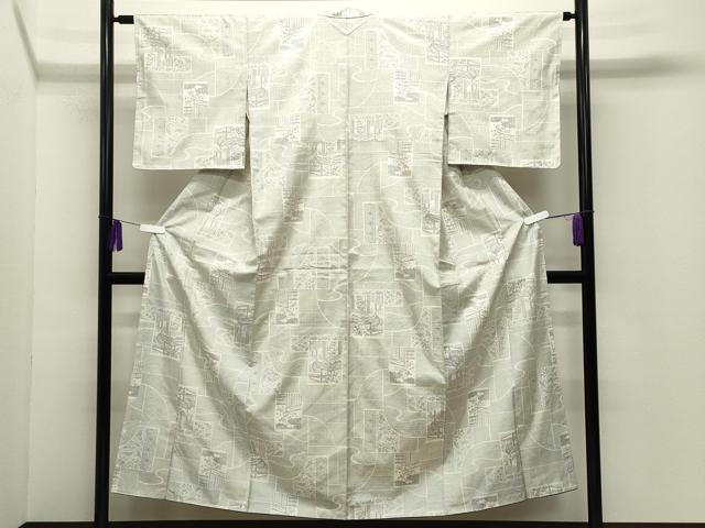 平和屋着物●本場大島紬 白大島 120亀甲 色紙重ね風景文 正絹 逸品 CABG4437gh