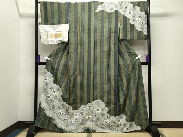 平和屋着物●本場縞大島紬 訪問着 絞り 道長花文 堀之内織物謹製 証紙付き 正絹 逸品 未使用 CABG4455gh