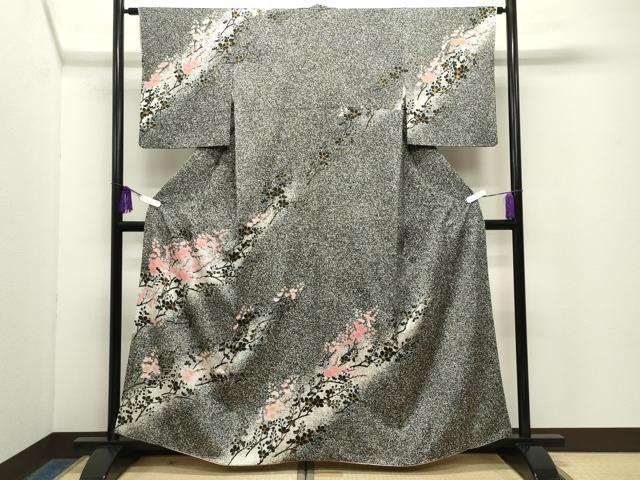 平和屋着物●訪問着 刺繍 枝梅文 たたき染め 黒地 金彩 正絹 逸品 CABG4482gh