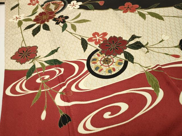 平和屋着物●豪華振袖 流水花蝶文 黒地 金彩 正絹 逸品 CABG4506gh