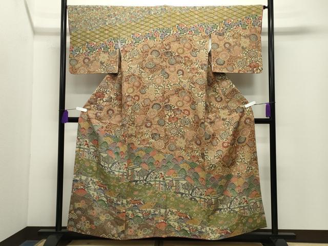平和屋着物●訪問着 型染め 飛鶴人物風景花文 正絹 逸品 CABG4525gh