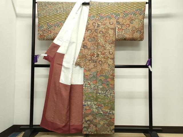 平和屋着物●訪問着 型染め 飛鶴人物風景花文 正絹 逸品 CABG4525gh