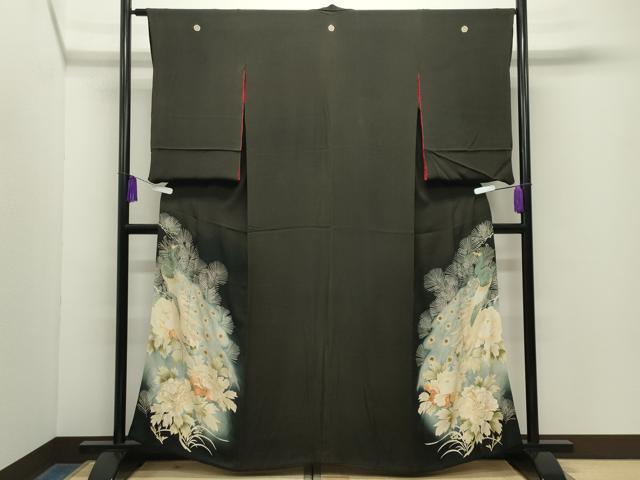 平和屋着物●アンティーク 大正ロマン 黒留袖 刺繍 孔雀花文 暈し染め 金糸 正絹 逸品 CABG4545gh
