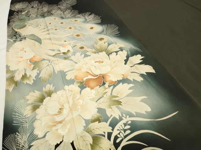平和屋着物●アンティーク 大正ロマン 黒留袖 刺繍 孔雀花文 暈し染め 金糸 正絹 逸品 CABG4545gh