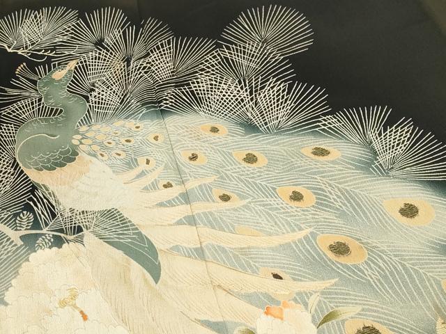 平和屋着物●アンティーク 大正ロマン 黒留袖 刺繍 孔雀花文 暈し染め 金糸 正絹 逸品 CABG4545gh