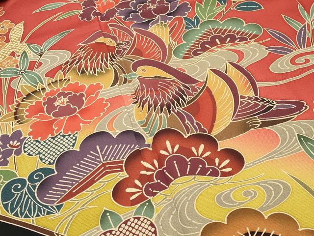 平和屋着物●豪華振袖・長襦袢セット 紅型 鴛鴦花文 暈し染め 正絹 逸品 CABG4561gh