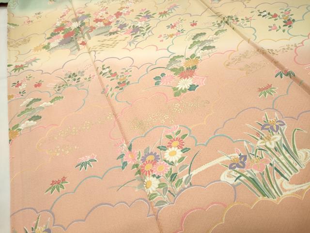 平和屋着物●訪問着 雲重ね花文 暈し染め 金彩 正絹 逸品 CABG4583gh