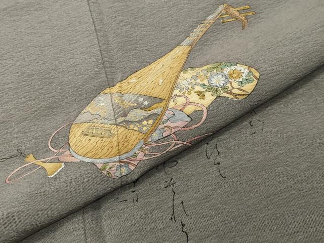 平和屋着物●友禅師・京の名工・伝統工芸士・樽本伊勢蔵 訪問着 琵琶 横笛 草花文 金銀彩 正絹 逸品 未使用 CABG4621gh