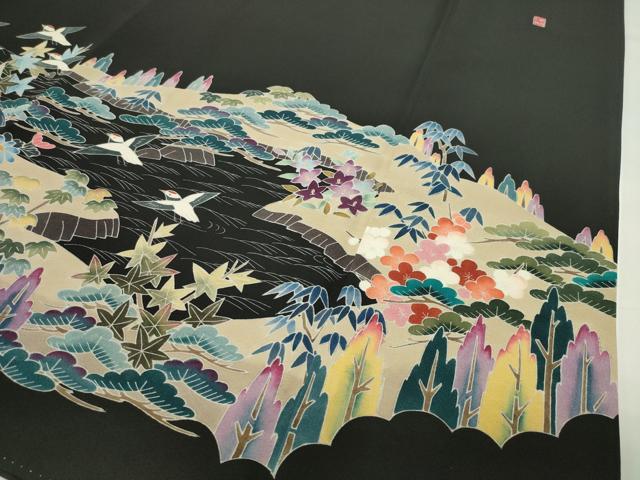 平和屋着物●豪華黒留袖 友禅 作家物 風景飛鳥松竹梅文 正絹 逸品 CABG4646gh