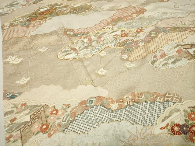 平和屋着物●訪問着 作家物 駒刺繍 雲重ね風景花文 金彩 正絹 逸品 CABG4663gh