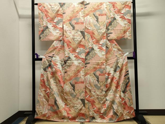 平和屋着物●創業460年・千總 小紋 飛鶴扇面花文 金彩 正絹 逸品 CABG4725gh