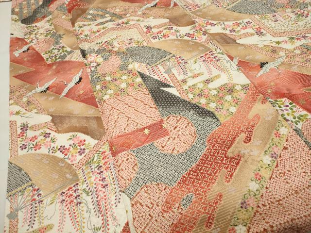 平和屋着物●創業460年・千總 小紋 飛鶴扇面花文 金彩 正絹 逸品 CABG4725gh