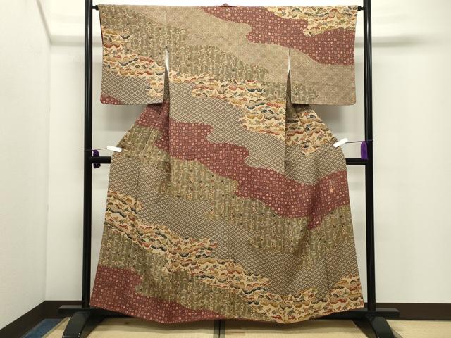 平和屋着物●訪問着 韮沢浩二作 型染め 宝尽くし梅笹文 鬼しぼ縮緬 正絹 逸品 CABG4731gh