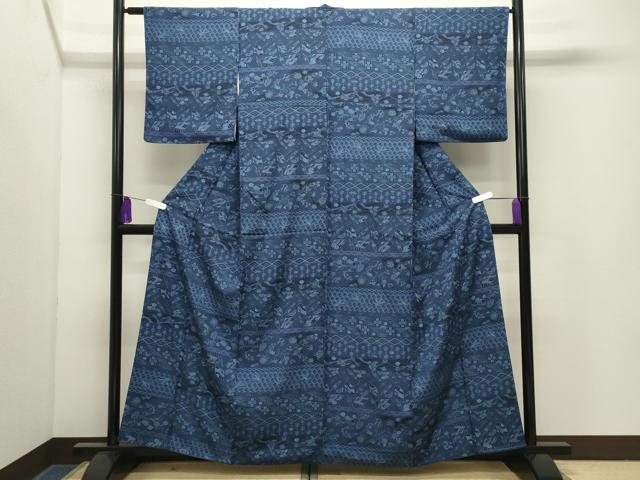 平和屋着物●上質な小紋 藍 飛鶴番傘花蝶文 正絹 逸品 CABG4746gh