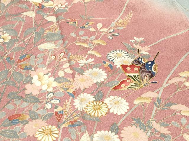 平和屋着物●訪問着 駒刺繍 舞蝶花文 暈し染め 金彩 正絹 逸品 CABG4798gh