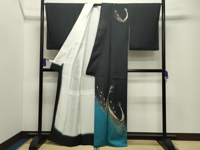 平和屋着物●訪問着 孔雀文 暈し染め 黒地 金銀彩 正絹 逸品 未使用 CABG4800gh