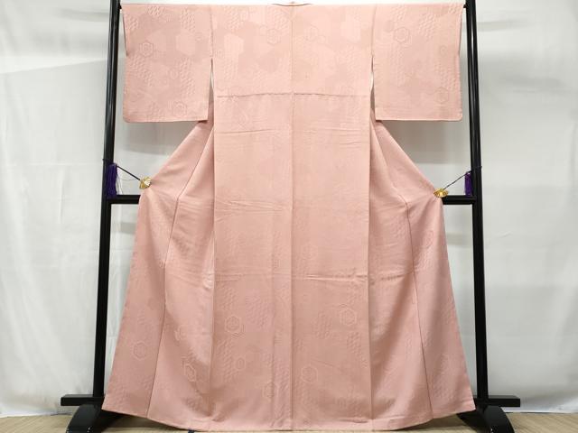 平和屋着物■上質な色無地 亀甲重ね吉祥花地紋 珊瑚色 正絹 逸品 CABG4907fb