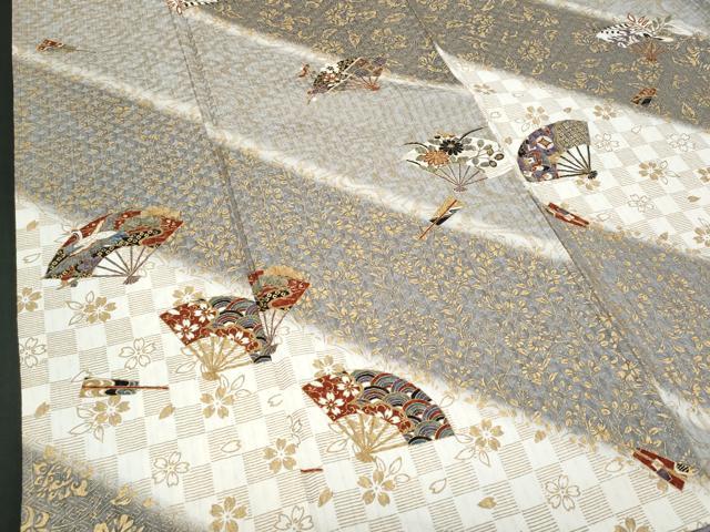 平和屋着物■上質な小紋 ふくれ織 扇面草花文 暈し染め 金彩 正絹 逸品 未使用 CABG4973fb