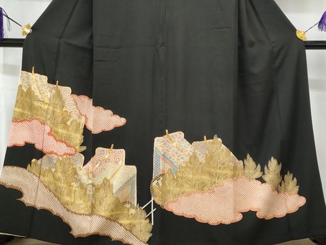 平和屋着物■豪華黒留袖 駒刺繍 絞り 雲取り御所車枝花文 金彩 正絹 逸品 CABG4980fb