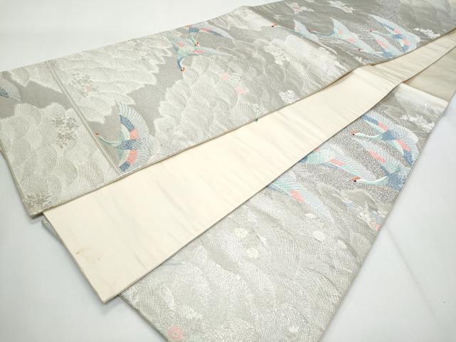 平和屋着物◎六通柄袋帯 唐織 立波飛鶴花文 銀糸 正絹 逸品 CABG5003fb